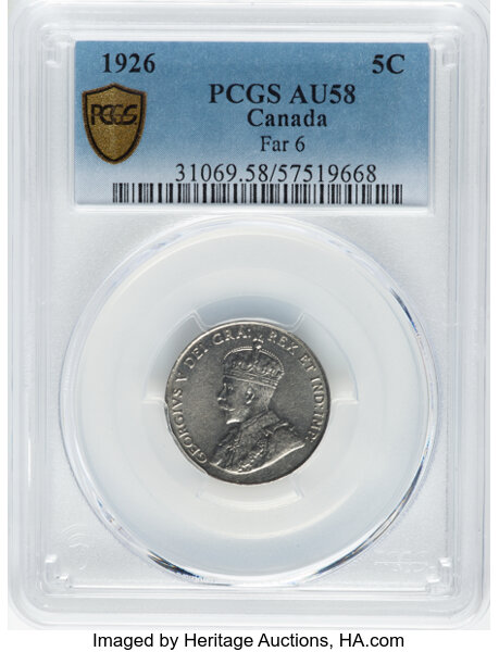 image for: Canada: George V "Far 6" 5 Cents 1926 AU58 PCGS,...