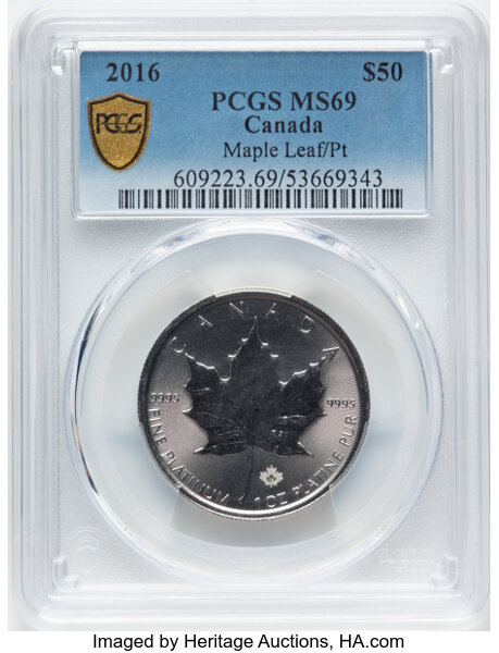 image for: Canada: Elizabeth II platinum "Maple Leaf" 50 Dollars (1 oz) 2016 MS69 PCGS,...