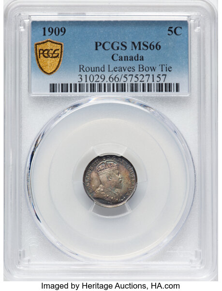 image for: Canada: Edward VII "Round Leaves - Bow Tie" 5 Cents 1909 MS66 PCGS,...