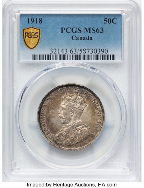 image for: Canada: George V 50 Cents 1918 MS63 PCGS,...