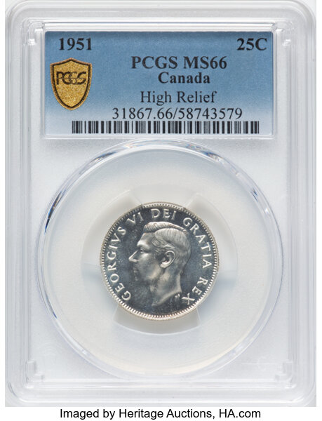 thumbnail for: 1951 Hi Relief  25c PCGS MS66
