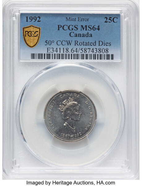 image for: Canada: Elizabeth II Mint Error - Rotated Dies "Northwest Territories" 25 Cents 1992 MS64 PCGS,...