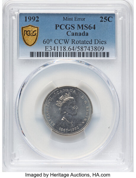 thumbnail for: 1992 Northwest Territories, Medal Alignment 25c PCGS MS64