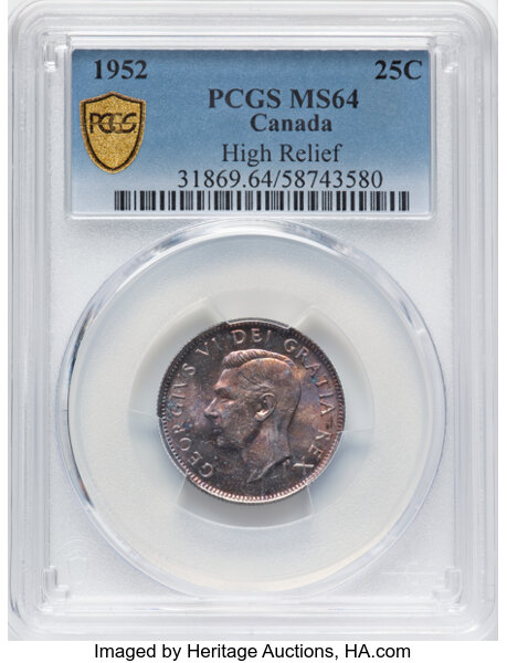 thumbnail for: 1952 Hi Relief  25c PCGS MS64