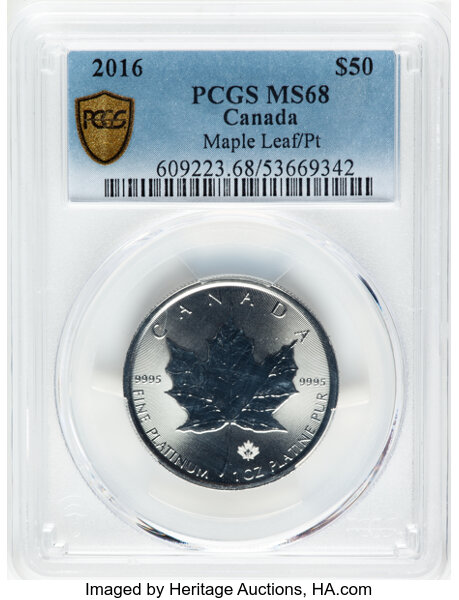 image for: Canada: Elizabeth II platinum "Maple Leaf" 50 Dollars (1 oz) 2016 MS68 PCGS...
