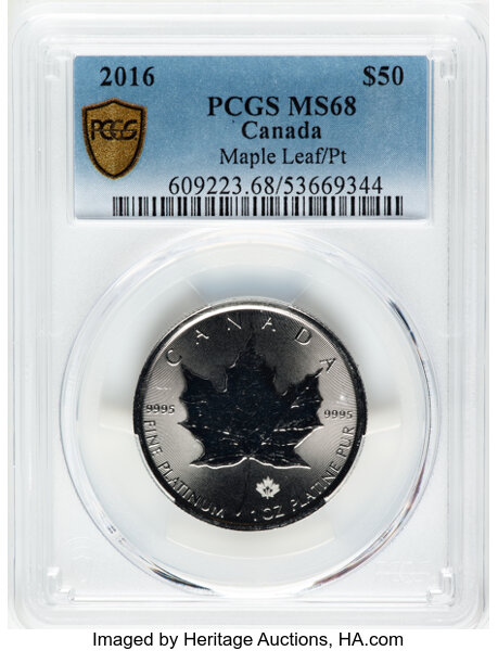 image for: Canada: Elizabeth II platinum "Maple Leaf" 50 Dollars (1 oz) 2016 MS68 PCGS,...