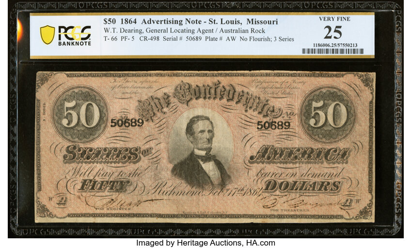 image for: Advertising Note T66 $50 1864 PF-5 Cr. 498 PCGS Banknote Very Fine 25....