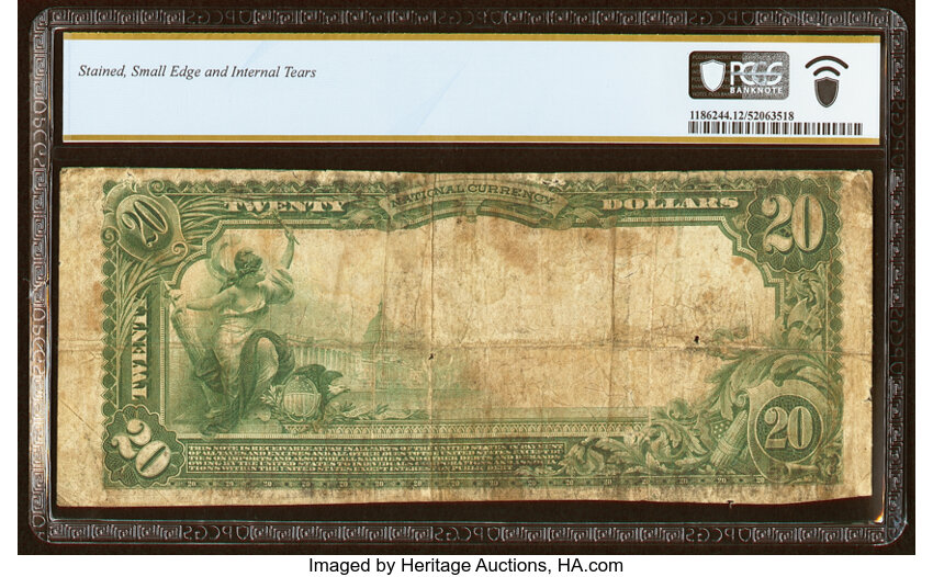 image for: Monroe, WI - $20 1902 Plain Back Fr. 650 The First National Bank Ch. # 230 PCGS Banknote Fine 12....