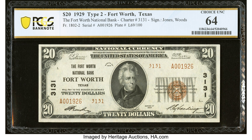 image for: Fort Worth, TX - $20 1929 Ty. 2 The Fort Worth National Bank Ch. # 3131 PCGS Banknote Choice Unc 64....