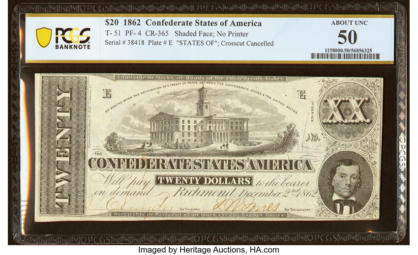 image for: T51 $20 1862 PF-4 Cr. 365 PCGS Banknote About Unc 50....