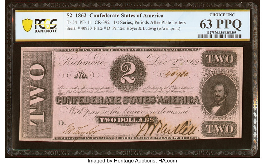 image for: T54 $2 1862 PF-11 Cr. 392 PCGS Banknote Choice Unc 63 PPQ....