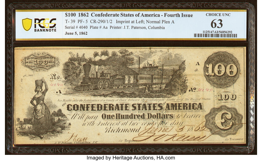 image for: T39 $100 1862 PF-5 Cr. 290 PCGS Banknote Choice Unc 63....