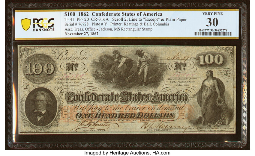 image for: T41 $100 1862 PF-20 Cr. 316A PCGS Banknote Very Fine 30....