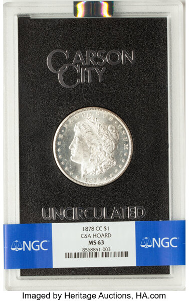1878-CC $1 GSA MS63 NGC. Box and Pedigree Included. CDN: $700 Whsle. Bid for NGC/PCGS MS63. Mintage 2,212,000....