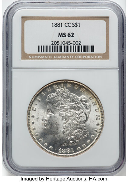 1881-CC $1 MS62 NGC. VAM-2. CDN: $625 Whsle. Bid for NGC/PCGS MS62. Mintage 296,000....