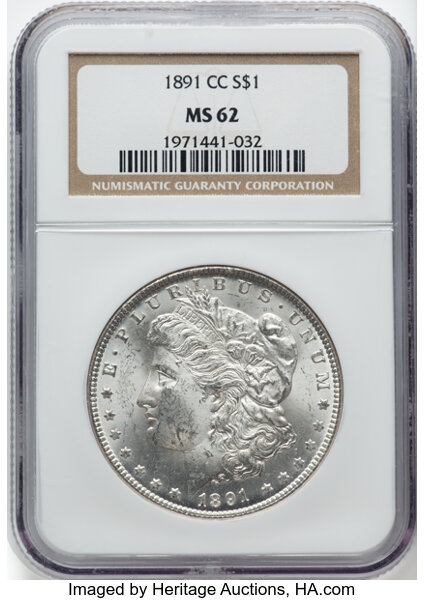 1891-CC $1 MS62 NGC. VAM-6. CDN: $700 Whsle. Bid for NGC/PCGS MS62. Mintage 1,618,000....