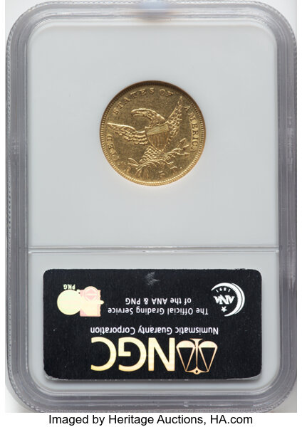 image for: 1838 $5 HM-2, R.3, AU53 NGC. NGC Census: 98 in 53, 415 finer (10/25). CDN: $2,350 Whsle. Bid for NGC/PCGS AU53. Mintage 286...
