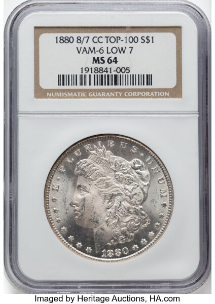 image for: 1880-CC $1 8 Over Low 7, VAM-6, MS64 NGC. A Top 100 Variety. NGC Census: 60 in 64 (2 in 64+), 31 finer (10/25). CDN: $858 W...