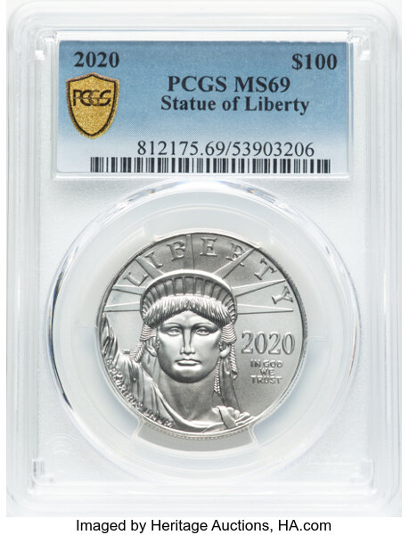 image for: 2020 $100 One Ounce Statue of Liberty MS69 PCGS. PCGS Population: 45 in 69, 20 finer (10/25). CDN: $1,656.23 Whsle. Bid for...