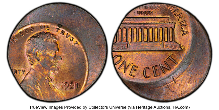 image for: 1981 1C Lincoln Cent -- Struck 25% Off Center -- MS64 Red and Brown PCGS. Ex: The Peh Family Collection. PCGS Population: 1...