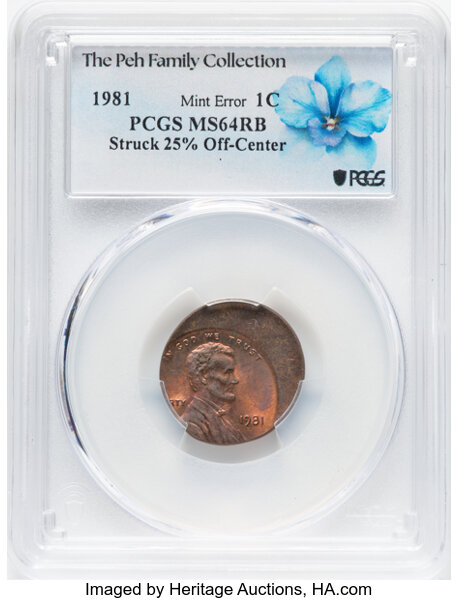 image for: 1981 1C Lincoln Cent -- Struck 25% Off Center -- MS64 Red and Brown PCGS. Ex: The Peh Family Collection. PCGS Population: 1...