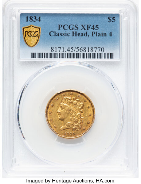 image for: 1834 $5 Classic Head, Plain 4, HM-5, R.2, XF45 PCGS.  CDN: $1,344.11 Whsle. Bid for NGC/PCGS XF45. Mintage 657,460....