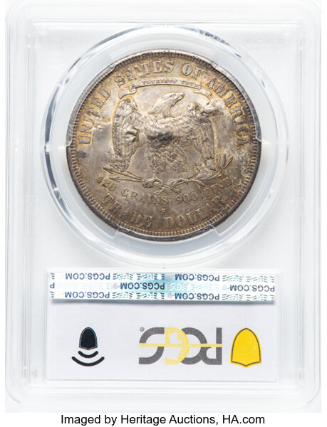 image for: 1877-S T$1 Chop Mark AU50 PCGS. PCGS Population: 37 in 50, 242 finer (11/25). CDN: $320 Whsle. Bid for NGC/PCGS AU50. ...