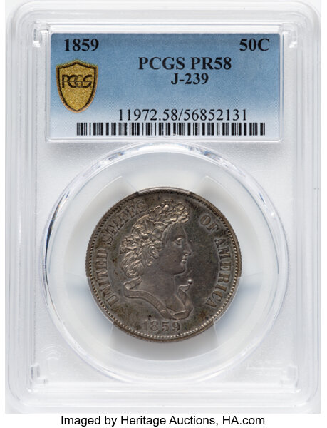 image for: 1859 P50C Half Dollar, Judd-239, Pollock-295, R.4, PR58 PCGS. PCGS Population: 3 in 58, 54 finer (11/25). CDN: $1,400 Whsle...