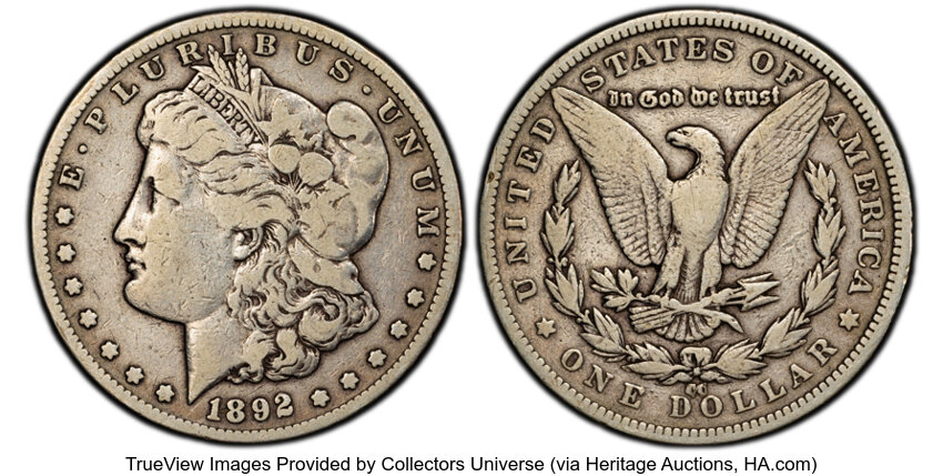 1892-CC $1 VG10 PCGS. CDN: $200 Whsle. Bid for NGC/PCGS VG10. Mintage 1,352,000....