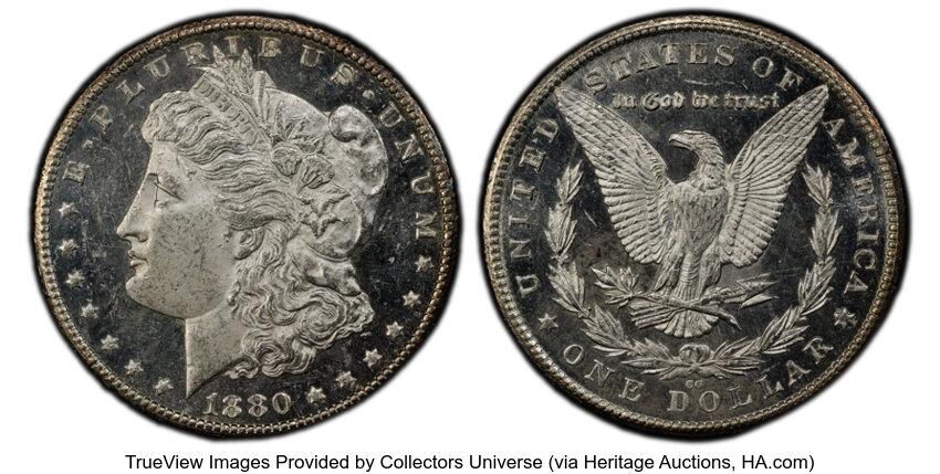 image for: 1880-CC $1 8 Over Low 7, VAM-6, MS63 Deep Mirror Prooflike PCGS. A Top 100 Variety. PCGS Population: 22 in 63 (1 in 63+), 2...