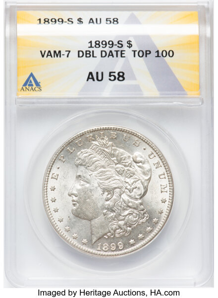 image for: 1899-S $1 Doubled Date, VAM-7, AU58 ANACS. A Top 100 Variety....