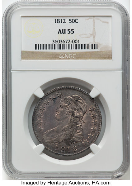 image for: 1812 50C Large 8, O-110, R.1, AU55 NGC. CDN: $1,000 Whsle. Bid for NGC/PCGS AU55. Mintage 1,628,059....