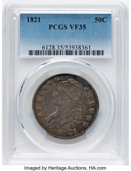 image for: 1821 50C O-101a, R.1, VF35 PCGS.  CDN: $230 Whsle. Bid for NGC/PCGS VF35. Mintage 1,305,797....
