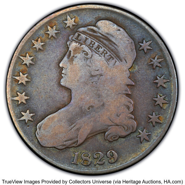 image for: 1829 50C Small Letters, O-108, Low R.4, VG10 PCGS. Ex: Manhattan Collection. PCGS Population: 1 in 10, 9 finer (11/25). CDN...
