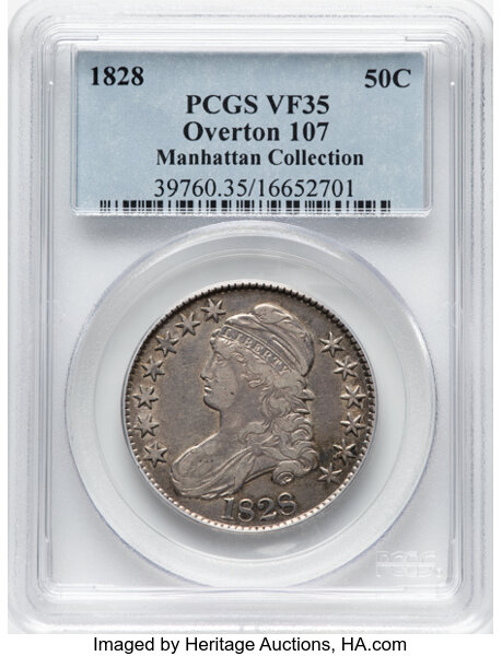 image for: 1828 50C Curl Base 2, Knob, O-107, R.1, VF35 PCGS. Ex: Manhattan Collection. PCGS Population: 2 in 35, 26 finer (11/25). CD...