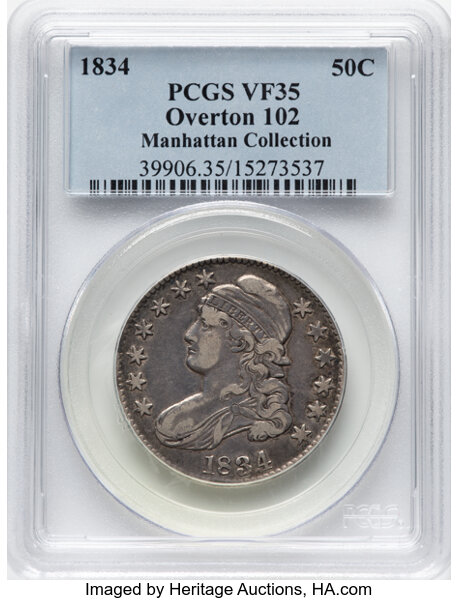 image for: 1834 50C Large Date, Large Letters, O-102, R.1, VF35 PCGS. Ex: Manhattan Collection. PCGS Population: 3 in 35, 28 finer (11...