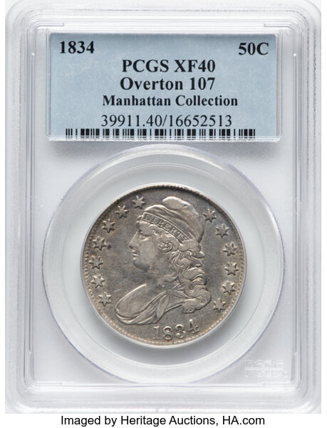 image for: 1834 50C Large Date, Small Letters, O-107, R.1, XF40 PCGS. Ex: Manhattan Collection. PCGS Population: 9 in 40, 35 finer (11...