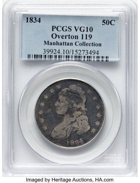 image for: 1834 50C Small Date, Small Letters, O-119, R.4, VG10 PCGS. Ex: Manhattan Collection. PCGS Population: 1 in 10, 21 finer (11...