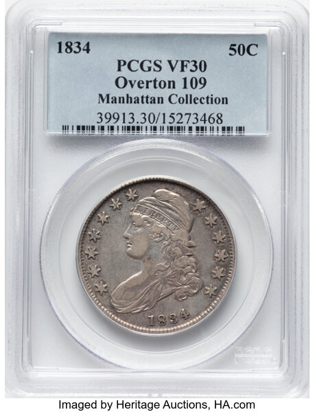 image for: 1834 50C Small Date, Small Letters, O-109, R.1, VF30 PCGS. Ex: Manhattan Collection. PCGS Population: 2 in 30, 39 finer (11...