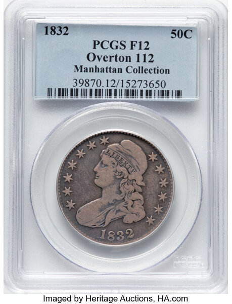 image for: 1832 50C Small Letters, O-112, R.2, Fine 12 PCGS. Ex: Manhattan Collection. PCGS Population: 2 in 12, 27 finer (11/25). CDN...