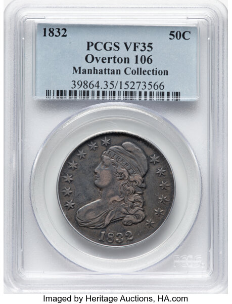 image for: 1832 50C Small Letters, O-106, R.1, VF35 PCGS. Ex: Manhattan Collection. PCGS Population: 3 in 35, 37 finer (11/25). CDN: $...