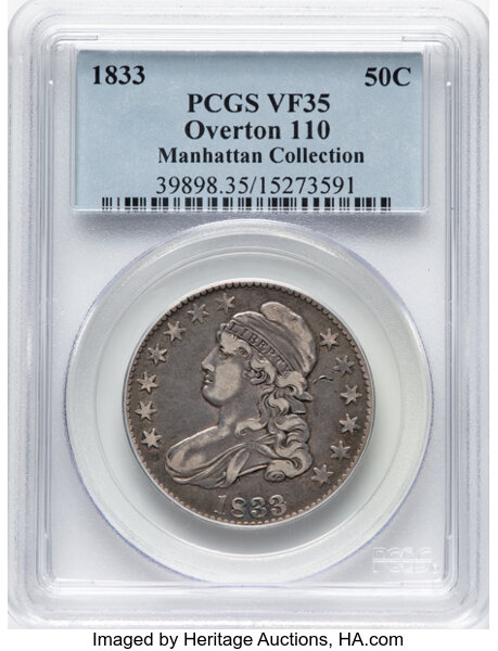image for: 1833 50C O-110, R.1, VF35 PCGS. Ex: Manhattan Collection. PCGS Population: 1 in 35, 17 finer (11/25). CDN: $130 Whsle. Bid ...