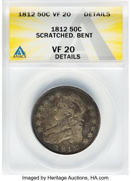 image for: 1812 50C Large 8, O-107, R.1 -- Scratched, Bent -- ANACS Details. VF20 Details. Mintage 1,628,059....
