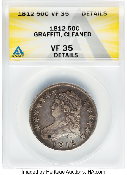 image for: 1812 50C Large 8, O-103, R.1 -- Graffiti, Cleaned -- ANACS Details. VF35 Details. Mintage 1,628,059....