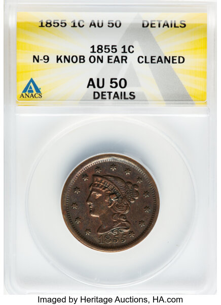 image for: 1855 1C Slanted 55, Knob Ear, N-9, R.1 -- Cleaned -- ANACS Details. AU50 Details....