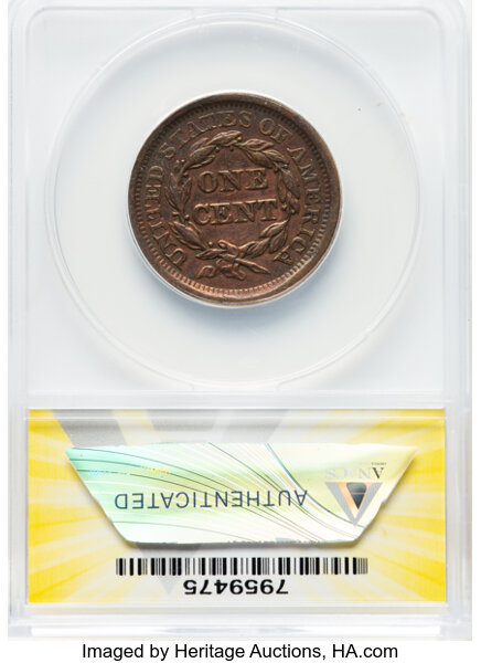 image for: 1855 1C Slanted 55, Knob Ear, N-9, R.1 -- Cleaned -- ANACS Details. AU50 Details....