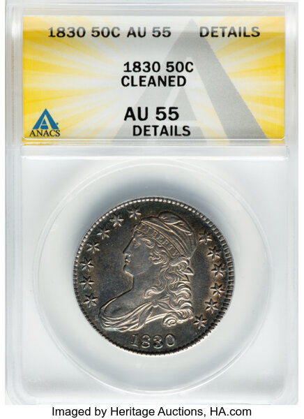 image for: 1830 50C Small 0, O-107, R.2 -- Cleaned -- ANACS Details. AU55 Details. Mintage 4,764,800....