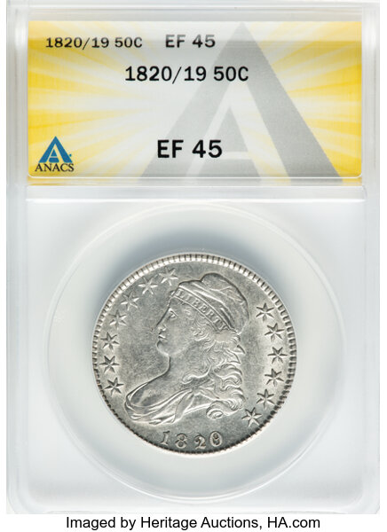 image for: 1820/19 50C Curl Base 2, O-102, R.1, XF45 ANACS. Mintage 751,122....