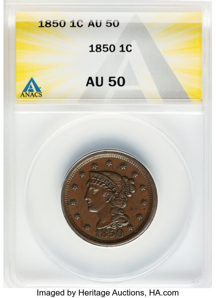 image for: 1850 1C N-6, R.1, AU50 ANACS.  Mintage 4,426,844....