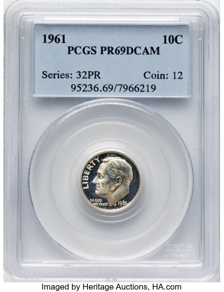 image for: 1961 10C PR69 Deep Cameo PCGS. PCGS Population: 68 in 69 Deep Cameo, 4 finer (11/25). ...